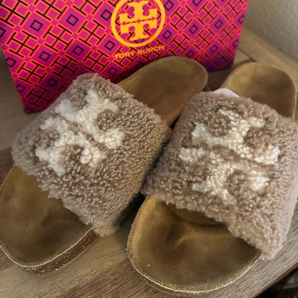 Tory Burch shearling platform cork bottoms….